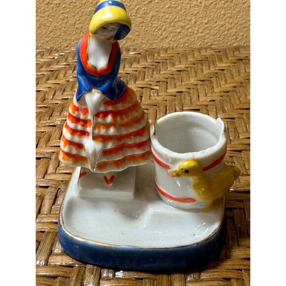 Vintage Ceramic toothpick Holder Lady And Duck Japan - Picture 5 of 8